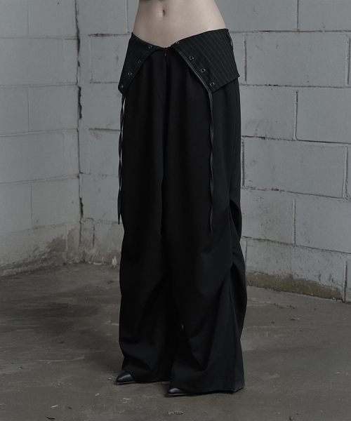 Panel Line Shirring Wide Slacks (Black)