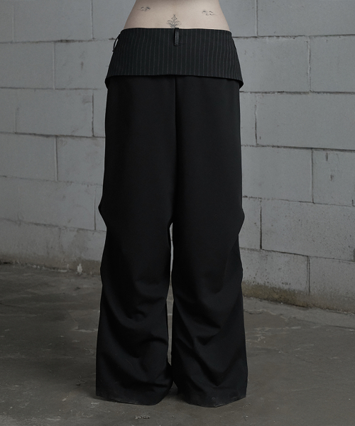 Panel Line Shirring Wide Slacks (Black)