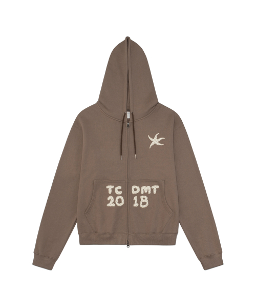 TCM logo applique hooded zip-up (brown)