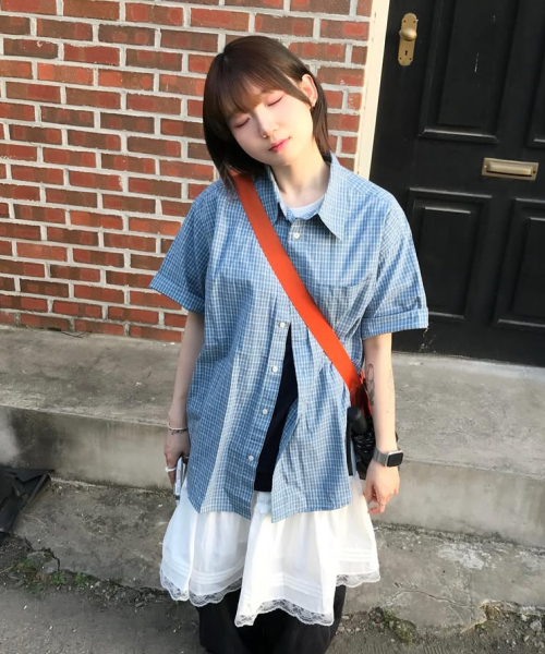 Vintage Cottage Check Half Sleeve Shirt_LIGHT BLUE