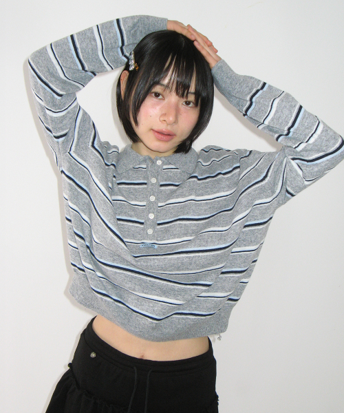 LOOSE FIT STRIPE COLLAR KNIT GREY