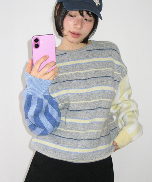 MULTI STRIPE OVERSIZED KNIT GREY