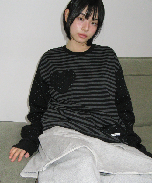 HEART DOT POCKET STRIPE LONG SLEEVE BLACK