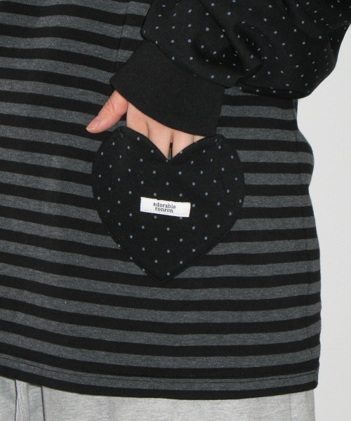 HEART DOT POCKET STRIPE LONG SLEEVE BLACK