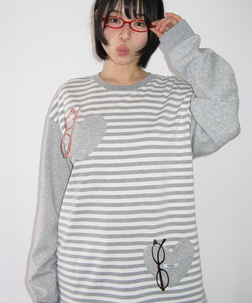HEART DOT POCKET STRIPE LONG SLEEVE GREY