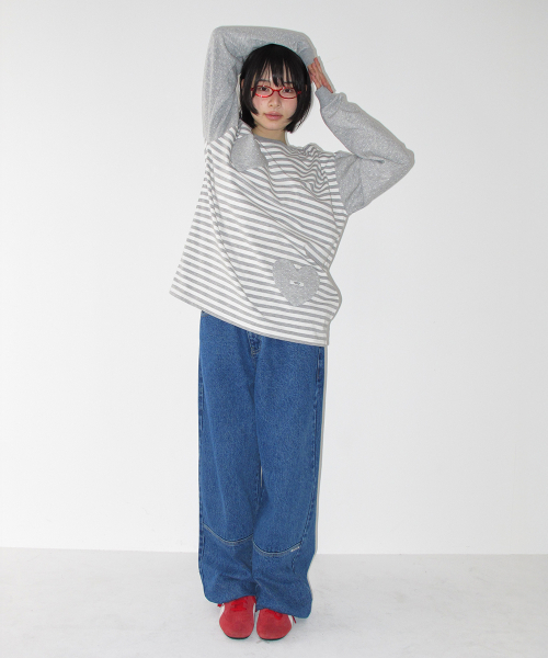 HEART DOT POCKET STRIPE LONG SLEEVE GREY