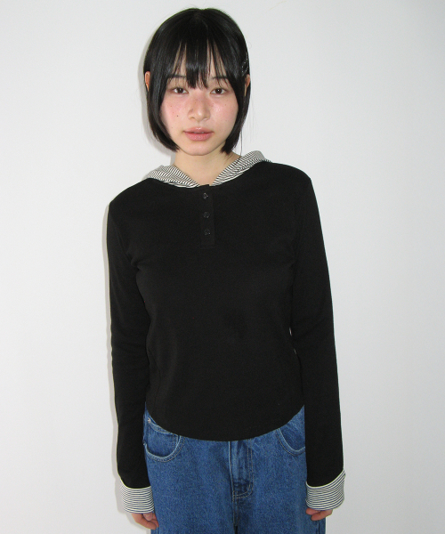 BUTTON CUFF HOODIE LONG SLEEVE BLACK