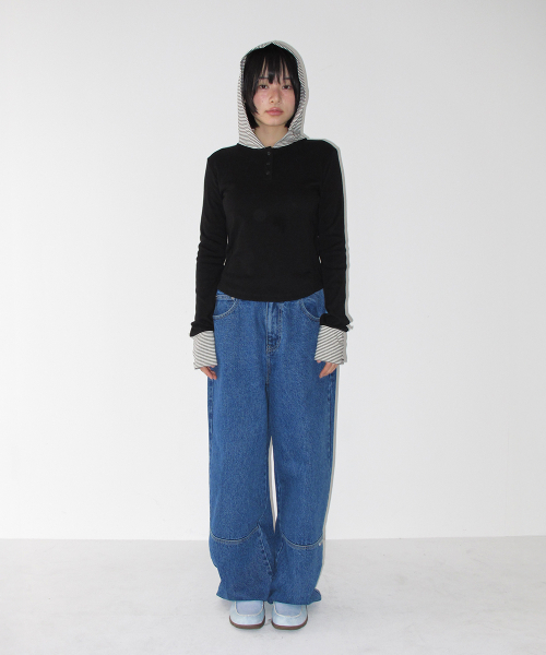 BUTTON CUFF HOODIE LONG SLEEVE BLACK