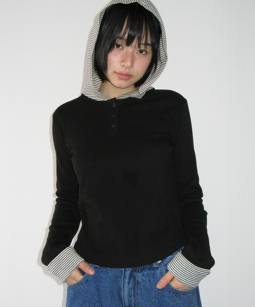 BUTTON CUFF HOODIE LONG SLEEVE BLACK