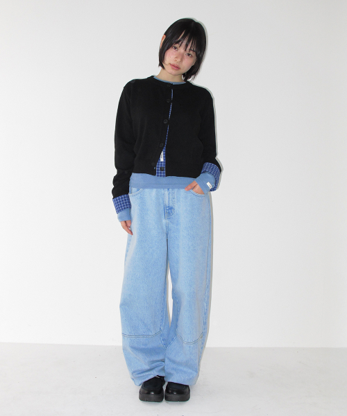 CHECK SHIRT POINTED KNIT CARDIGAN BLACK