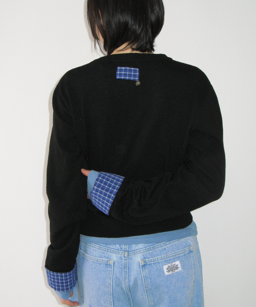 CHECK SHIRT POINTED KNIT CARDIGAN BLACK