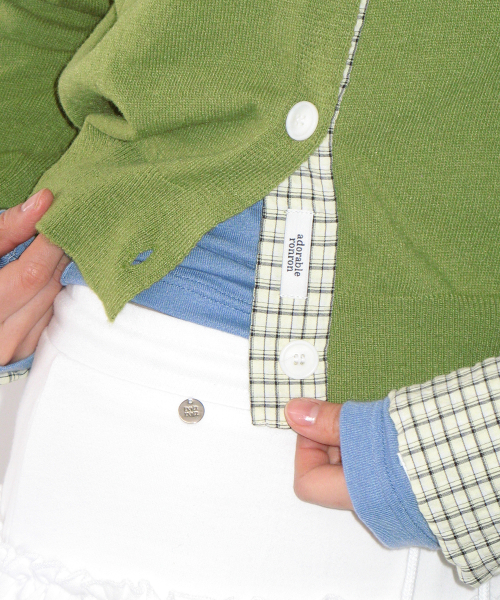 CHECK SHIRT POINTED KNIT CARDIGAN OLIVE