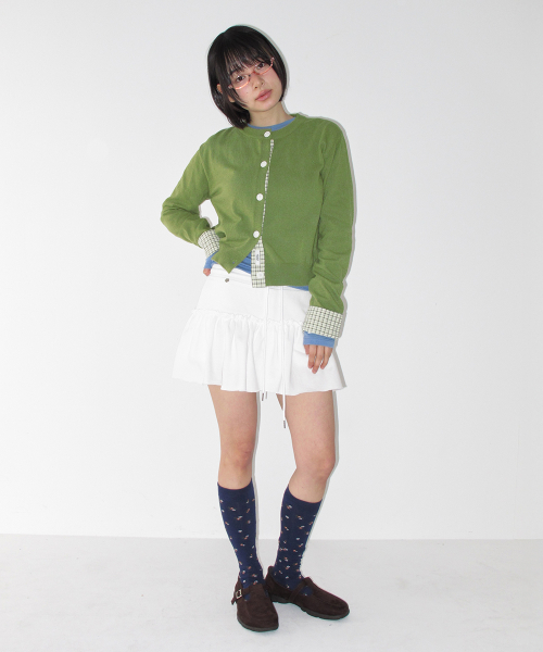 CHECK SHIRT POINTED KNIT CARDIGAN OLIVE