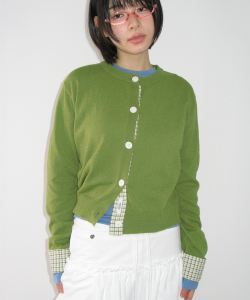 CHECK SHIRT POINTED KNIT CARDIGAN OLIVE