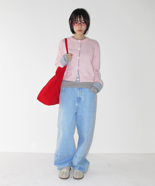 CHECK SHIRT POINTED KNIT CARDIGAN PINK