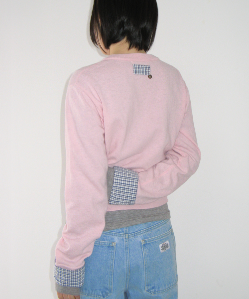 CHECK SHIRT POINTED KNIT CARDIGAN PINK