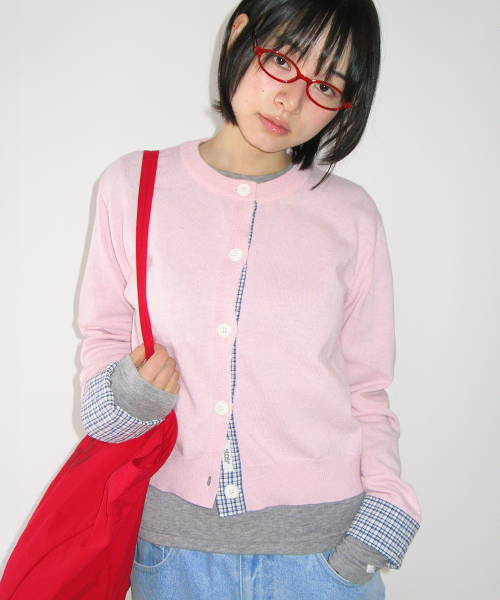 CHECK SHIRT POINTED KNIT CARDIGAN PINK