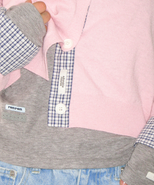 CHECK SHIRT POINTED KNIT CARDIGAN PINK