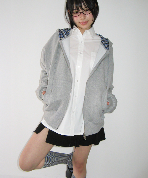 CHECK PATCH HOODIE ZIP UP GREY
