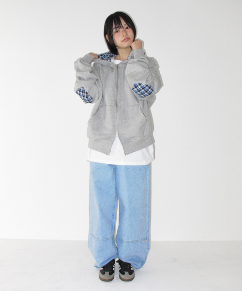 CHECK PATCH HOODIE ZIP UP GREY