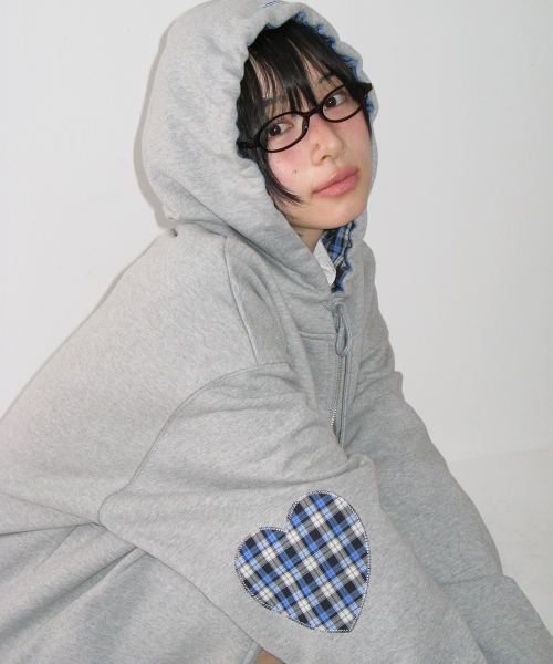 CHECK PATCH HOODIE ZIP UP GREY