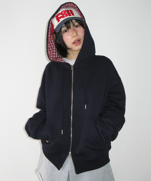 CHECK PATCH HOODIE ZIP UP NAVY