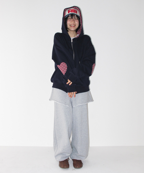 CHECK PATCH HOODIE ZIP UP NAVY