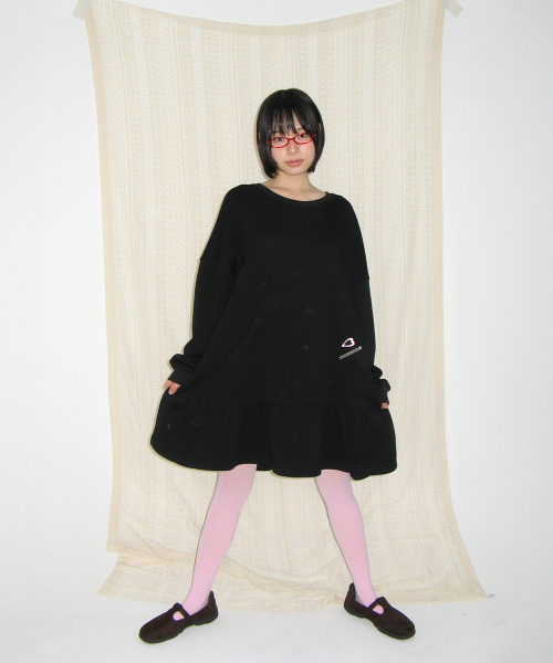 OVERSIZED RUFFLE HEM SWEAT DRESS BLACK