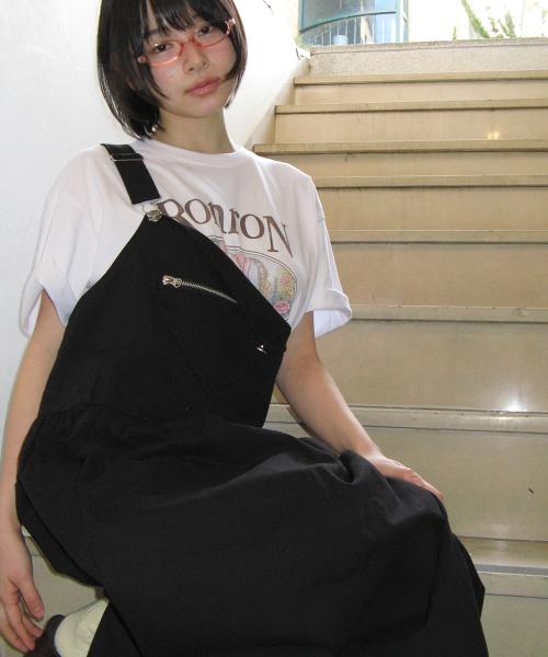 HEART ZIP POCKET OVERALL SKIRT BLACK
