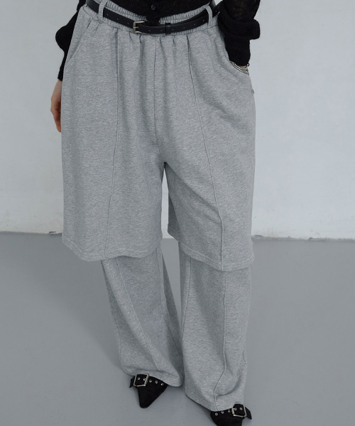 COTTON LAYERED BANDING PANTS_ MELANGE GREY