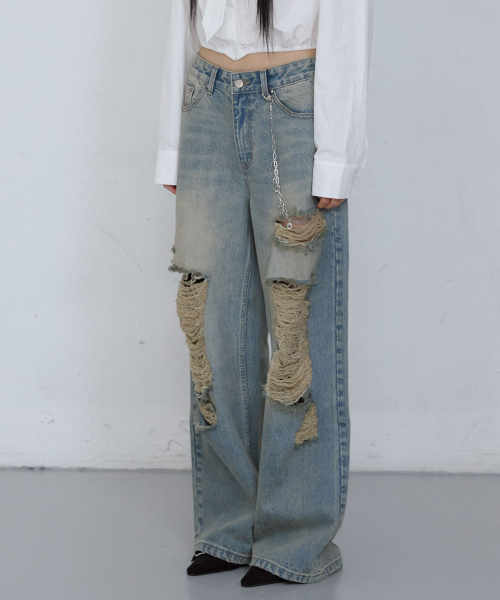 DAMAGED WIDE-LEG DENIM JEANS_ WASHED LIGHT BLUE