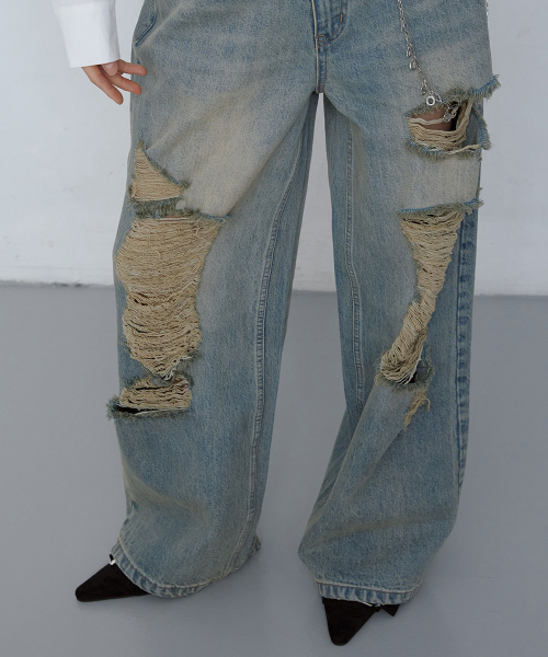DAMAGED WIDE-LEG DENIM JEANS_ WASHED LIGHT BLUE