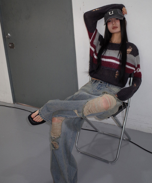 DAMAGED WIDE-LEG DENIM JEANS_ WASHED LIGHT BLUE