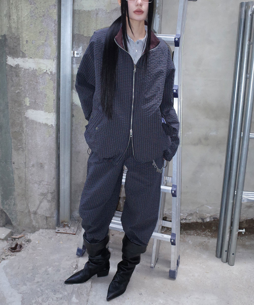 CHECKED COTTON JOGGER PANTS_ DARK NAVY