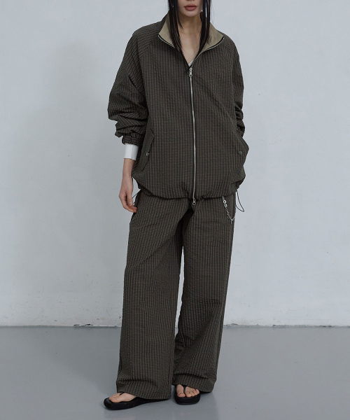 CHECKED COTTON JOGGER PANTS_ DARK BROWN