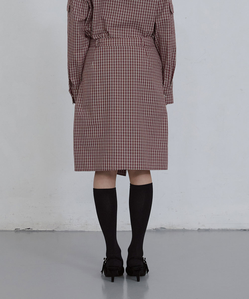 CHECKED WRAP SKIRT_ BURGUNDY CHECK