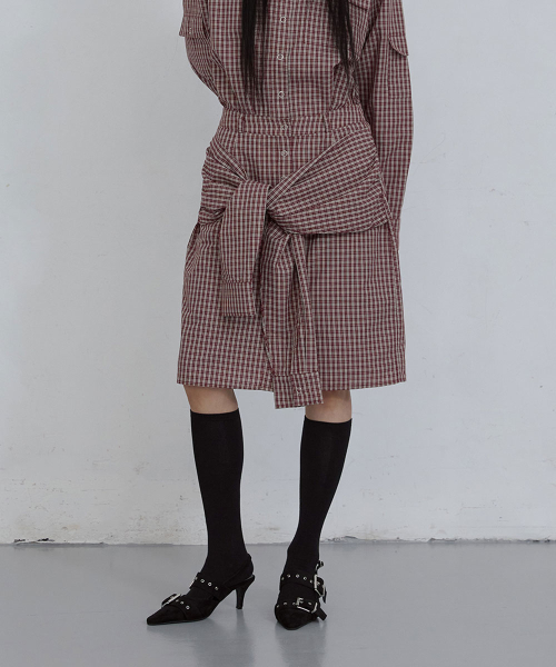 CHECKED WRAP SKIRT_ BURGUNDY CHECK