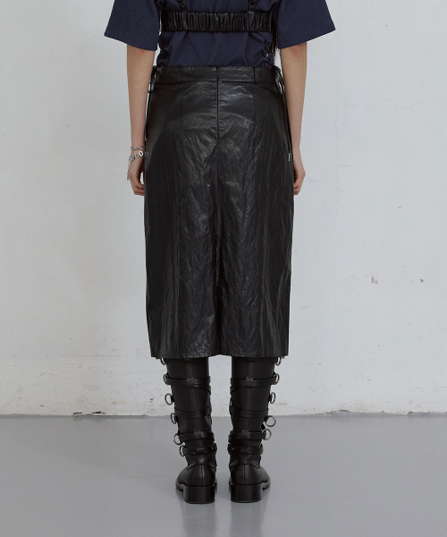 FAUX-LEATHER EYELET SKIRT_ BLACK