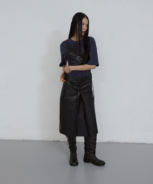 FAUX-LEATHER EYELET SKIRT_ BLACK