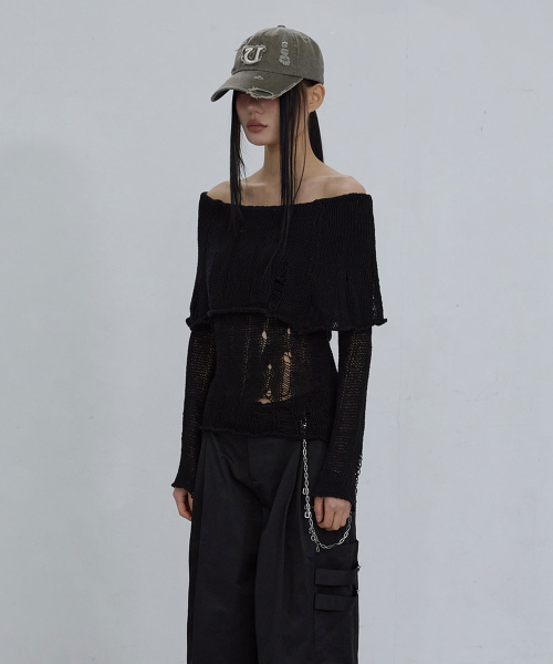 DISTRESSED OFF-SHOULDER TOP_ BLACK