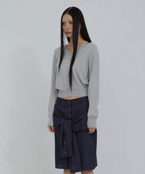 DEEP V-NECK COTTON SWEATER_ MELANGE GREY