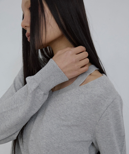 DEEP V-NECK COTTON SWEATER_ MELANGE GREY