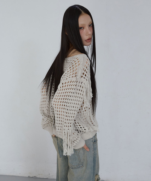SEE-THROUGH FRINGE SWEATER_ PALE GREY