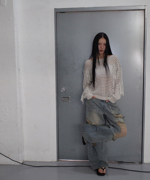 SEE-THROUGH FRINGE SWEATER_ PALE GREY