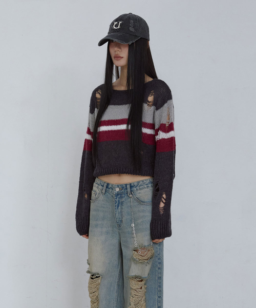 BOAT-NECK PULLOVER_ GREY MULTI STRIPE