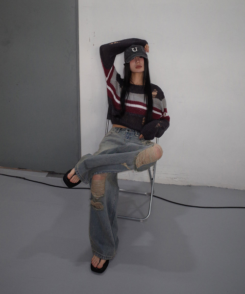 BOAT-NECK PULLOVER_ GREY MULTI STRIPE
