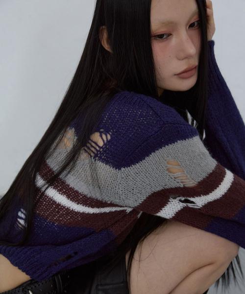 BOAT-NECK PULLOVER_ NAVY MULTI STRIPE