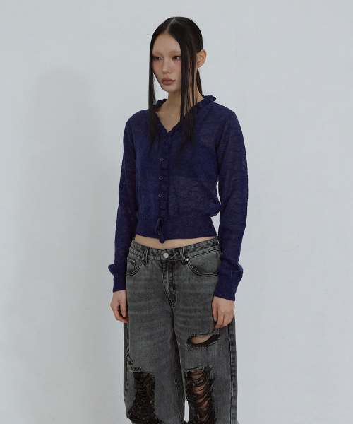 KID MOHAIR LACE V-NECK CARDIGAN_ NAVY