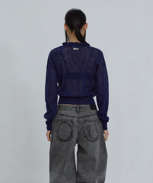 KID MOHAIR LACE V-NECK CARDIGAN_ NAVY