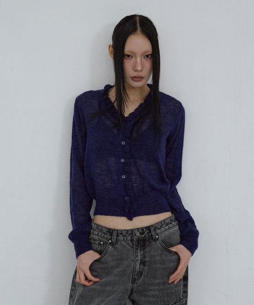 KID MOHAIR LACE V-NECK CARDIGAN_ NAVY